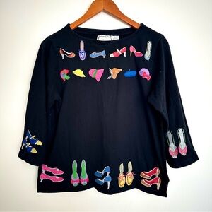 Michael Simon Black Top with Vibrant Embroidery Shoes Hats Size Large